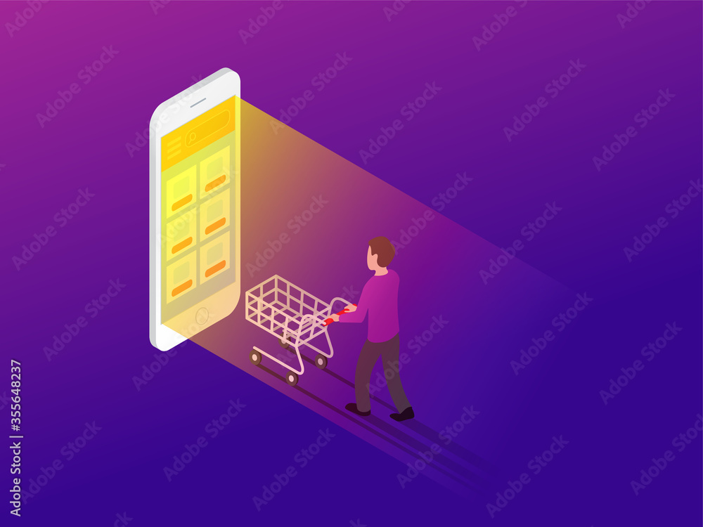 Poster isometric online shopping - man with shopping cart and smartphone with web store interface