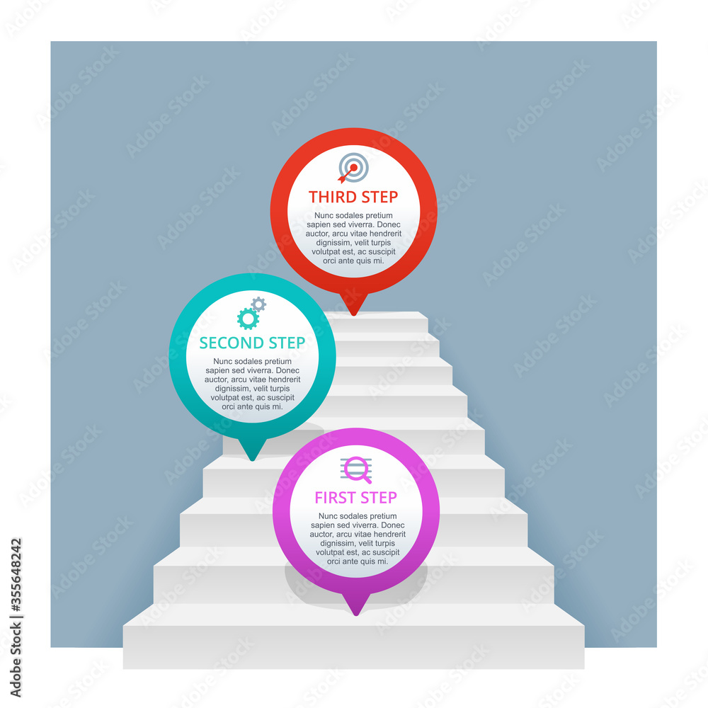Poster 3 steps infographic - pins on stairs - vector presentation template with three points