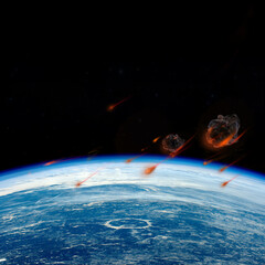 Stream of asteroids flying to Earth, space danger - obrazy, fototapety, plakaty