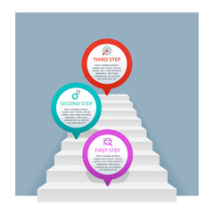 3 steps infographic - pins on stairs - vector presentation template with three points