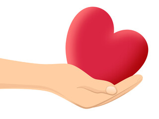 Hand holding a red heart isolated on white illustration.