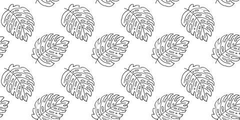 Horizontal seamless pattern with leaves monstera.Floral botanic design.Endless texture on a white background in Doodle style. Modern print. Beautiful ornament for wrapping paper, textiles.