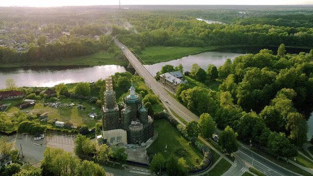 Kingisepp city Russia Leningrad region summer sunny day aerial video