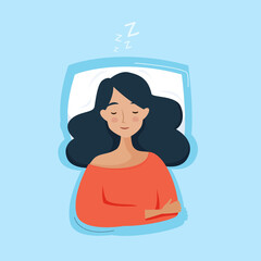 Woman sleep in bed. Flat cartoon style.