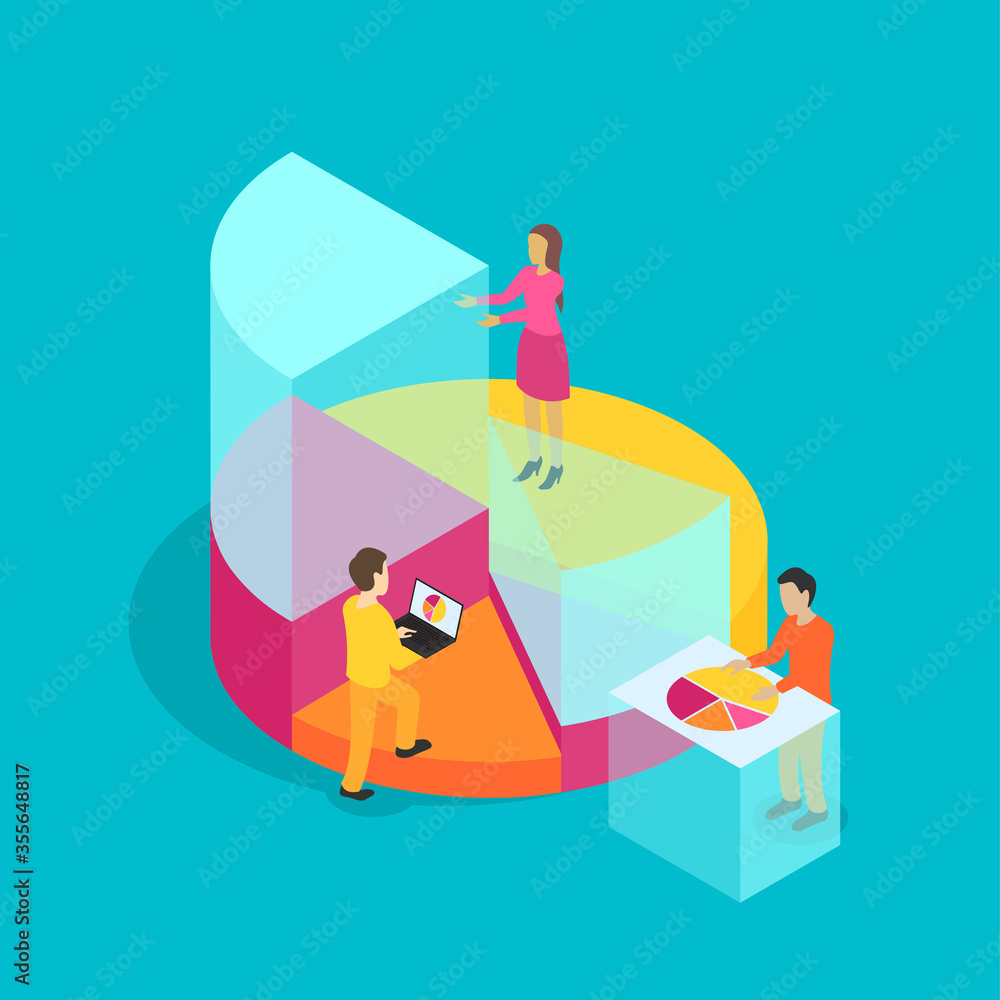 Poster group of people perform data analysis - isometric vector concept with diagram pie fragments and slic