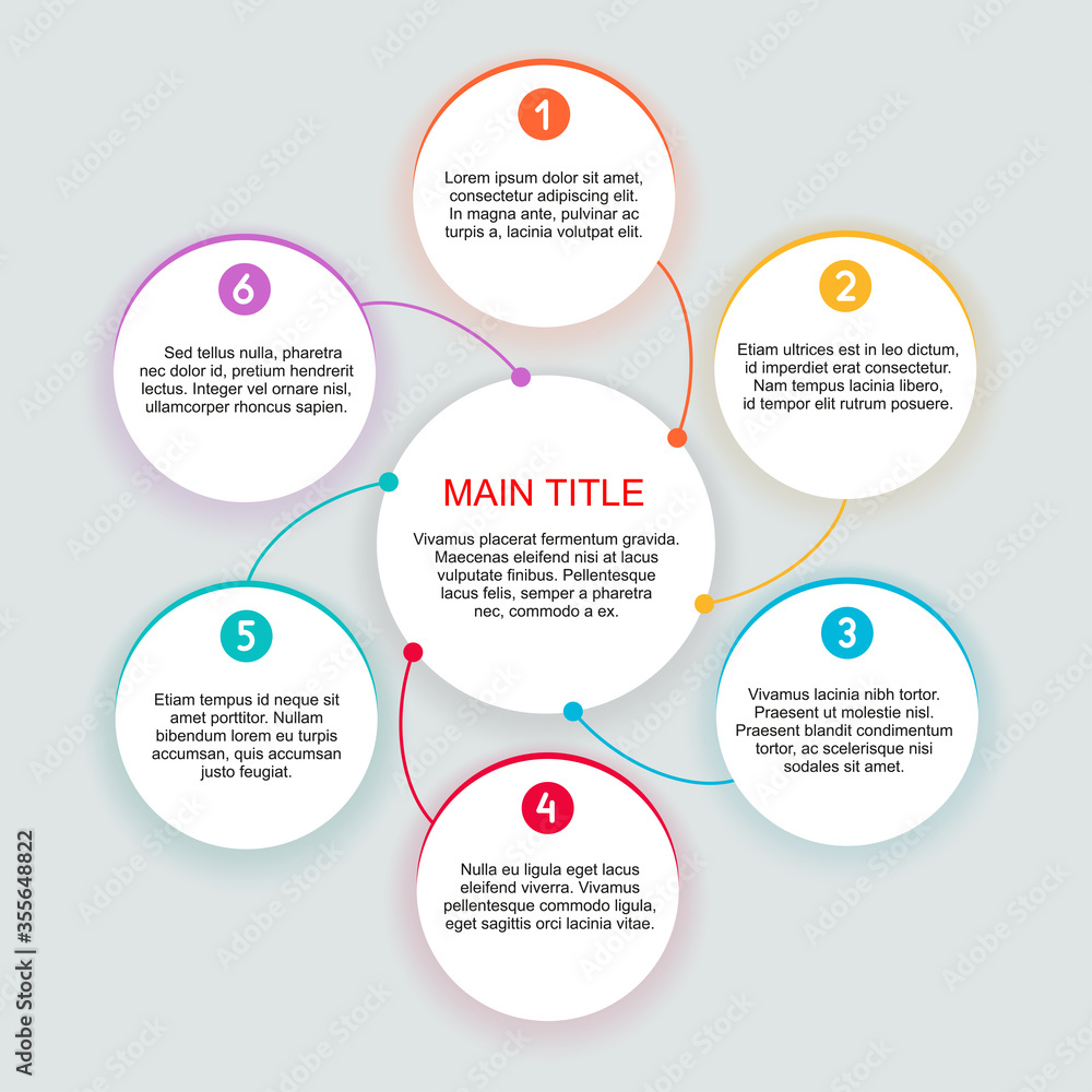 Poster 6 steps infographics with colorful outline circles and main title in center with sample text - vecto