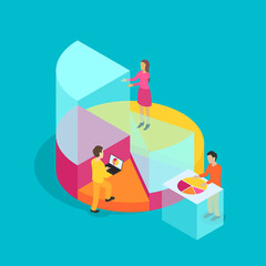 Group of people perform data analysis - isometric vector concept with diagram pie fragments and slices - vector illustration