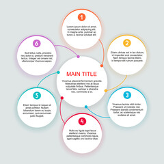 Fototapeta premium 6 steps infographics with colorful outline circles and main title in center with sample text - vector scheme template