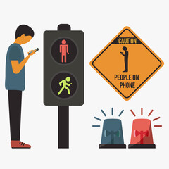 text caution people on phone flat design. technology elements obssesion. Internet & cellphone addiction stickers vector. people addicted to digital social media isolated & smartphone network graphic