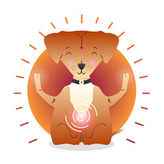 Vector funny cute Dog sitting in yoga lotus pose and relaxing meditates. Adorable cartoon animal illustration. Art for design posters, t-shirts, invitations