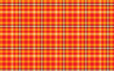 Classic plaid blanket tartan background. Seamless fabric check pattern texture for design, textile, wrapping, cover. Brown, red, yellow, white horizontal and vertical lines stripes.