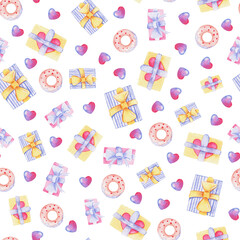 Seamless watercolor pattern with hearts and gifts. Valentine's Day.