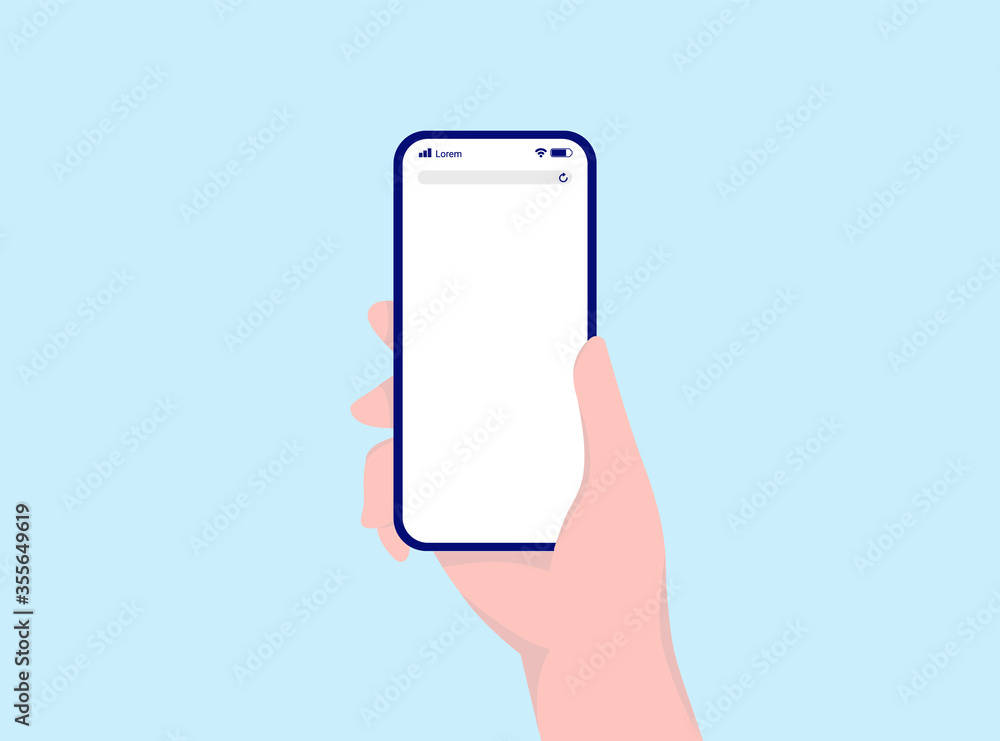 Leinwandbilder Phone with blank empty browser phone screen in hand on blue background. Template to insert your own design or content. Vector illustration.