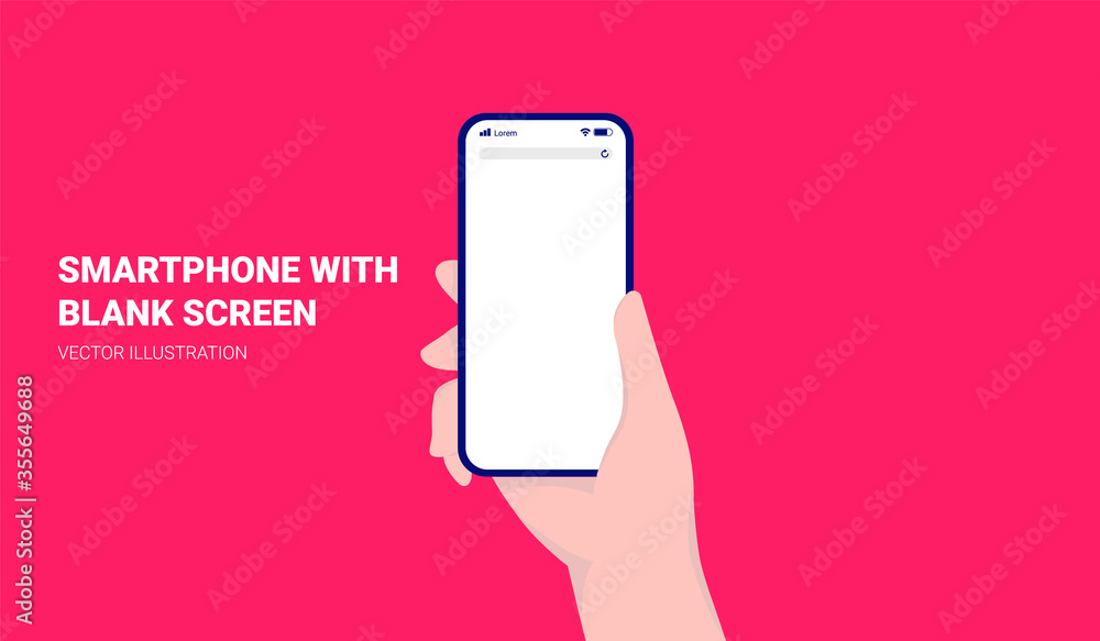 Poster Smartphone with blank screen in hand. Battery, internet connection and search field elements in top, red background. Vector illustration.