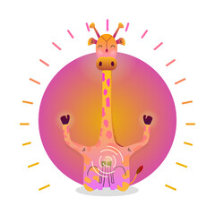 Vector funny cute Giraffe sitting in yoga lotus pose and relaxing meditates. Adorable cartoon animal illustration. Art for design posters, t-shirts, invitations