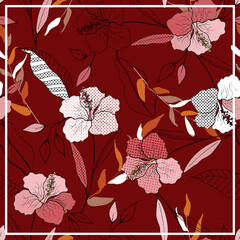 Scarf pattern seamless red floral print. Wallpaper blooming realistic isolated flowers lily hand drawn vintage background. Vector illustration  - 355649645