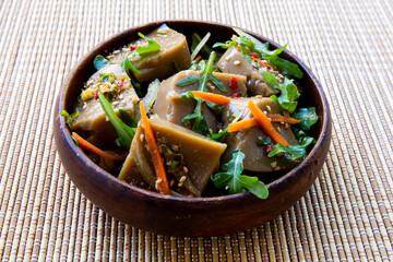 Seasoned Acorn Jelly Salad which is called Muk made of buckwheat