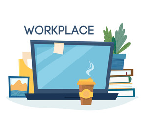 Workplace with computer, books, coffee, plant on white background. Flat cartoon style vector illustration.