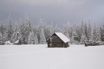 Fototapeta na wymiar snow, fog, snowy mountain house