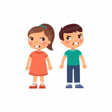 Angry little boy and girl flat vector illustration. Furious children quarrel, aggressive kids arguing cartoon characters. Kids with mad face expression isolated on white background