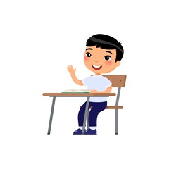 Asian school boy raising hand in classroom for answer, cartoon characters. Elementary school education process. Cute cartoon character. Flat vector illustration on white background. 