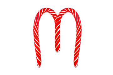 Symbol M created from festive decorative red candy. M Holiday text made from Red Candy Cane.