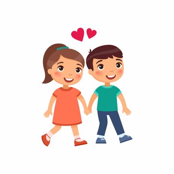 Young boy and girl in love flat vector illustration. Cute boyfriend and girlfriend holding hands cartoon characters. Couple dating isolated on white background. Valentines Day celebration