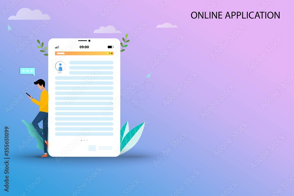 Fototapete online application concept, a young man is searching in the internet by using smartphone to find a c