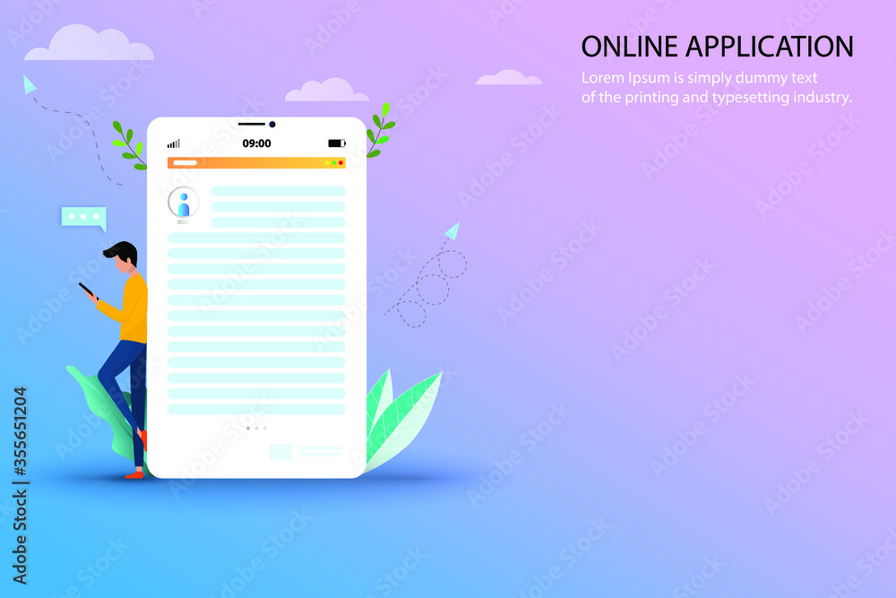 Fototapete online application concept, a young man is searching in the internet by using smartphone to find a c