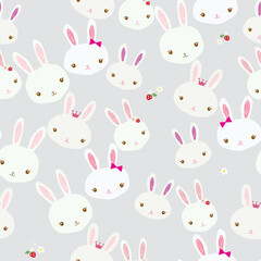 Vector cute colorful bunnies and fun rabbits seamless pattern on lite gray background.
