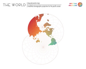 World map in polygonal style. Modified stereographic projection for the Pacific ocean of the world. Spectral colored polygons. Creative vector illustration.