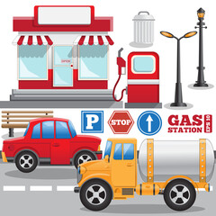 Elements of the gas station. Isolated on white background. Vector illustration.