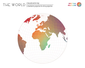 Low poly world map. Chamberlin projection for Africa projection of the world. Spectral colored polygons. Contemporary vector illustration.