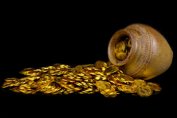 Gold coin in treasure old pot on black background