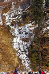 01/03/2019 Solang Valley, Manali, Himachal Pradesh, India. some parts of the mountain covered with ice and pine trees. focus on infinity. Solang Valley, Manali, Himachal Pradesh, India.