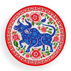 Chinese new year 2021 year of the ox , red paper cut ox character,flower and asian elements with craft style on background.(Chinese translation : Happy chinese new year 2021, year of ox)
