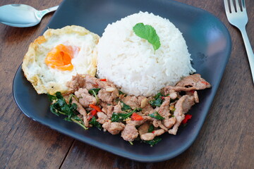 Thai food stir fried with basil, pork, steamed rice and fried egg