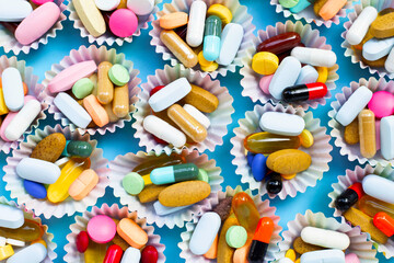 Fototapeta na wymiar Colorful tablets with capsules and pills in cupcake wrappers on blue background.
