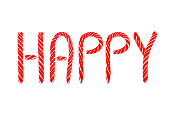 Letter HAPPY made of Christmas Candy Cane Isolated on a white background. Text YAPPY symbol red candy