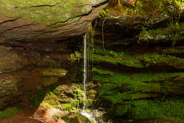 Water flowing over moss covered rocks