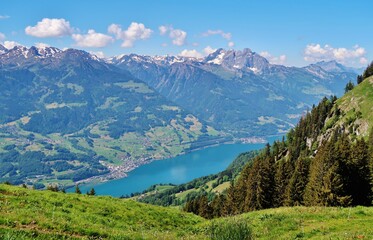 Fototapeta na wymiar Blick auf den Walensee und die Glarner Berge