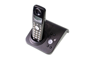 Old Of Black Office Phone With No Cord On White Background. Phone with buttons Isolated.