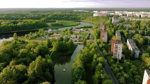 Kingisepp city Russia Leningrad region summer sunny day aerial video