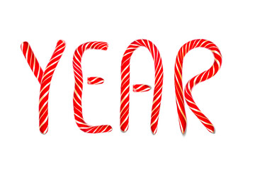 Text YEAR consisting of Candy Cane Isolated on White Background. Letter YEAR made of Red Candy Cane
