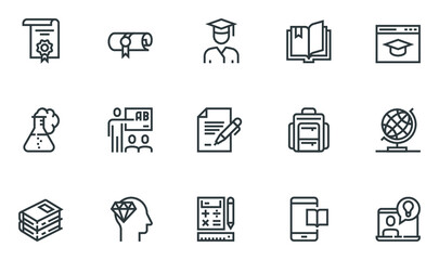 School and University Vector Flat Line Icons Set. Study, Learning, Knowledge, Chemistry, Globe, Classroom, Auditorium. Editable Stroke. 48x48 Pixel Perfect.