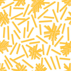 Yellow French Fries Texture. Fry Potato Chips Seamless Pattern on White Background. Slices of Tasty Vegetable. Fast Food Snack. Organic Food. 3d Illustration.