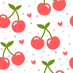 Cherry and Strawberry pattern, cute heart fruit cartoon seamless background with dot, Vector illustration
