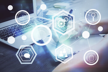 Social network theme hologram over woman's hands writing background. Concept of international people connect. Double exposure