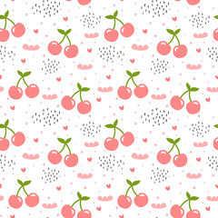 Cherry and Strawberry pattern, cute heart fruit cartoon seamless background with dot, Vector illustration