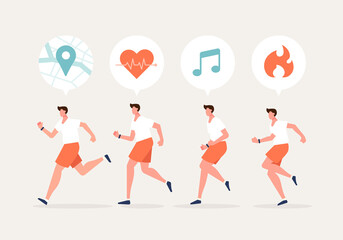 Men running character with smartwatch. Using a navigation, health, exercise app. Healthy lifestyle with technology devices concept vector illustration. 